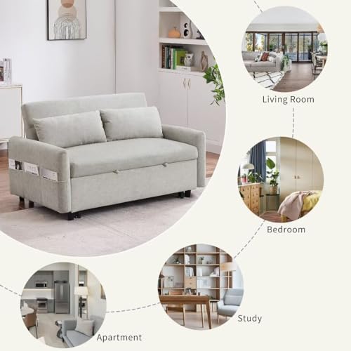 55.1" Pull Out Sleep Sofa Bed Loveseats Sofa Couch with Adjsutable Backrest, Storage Pockets, 2 Soft Pillows, w USB Port/Pull Out Bed, Bedroom, Apartment, Office