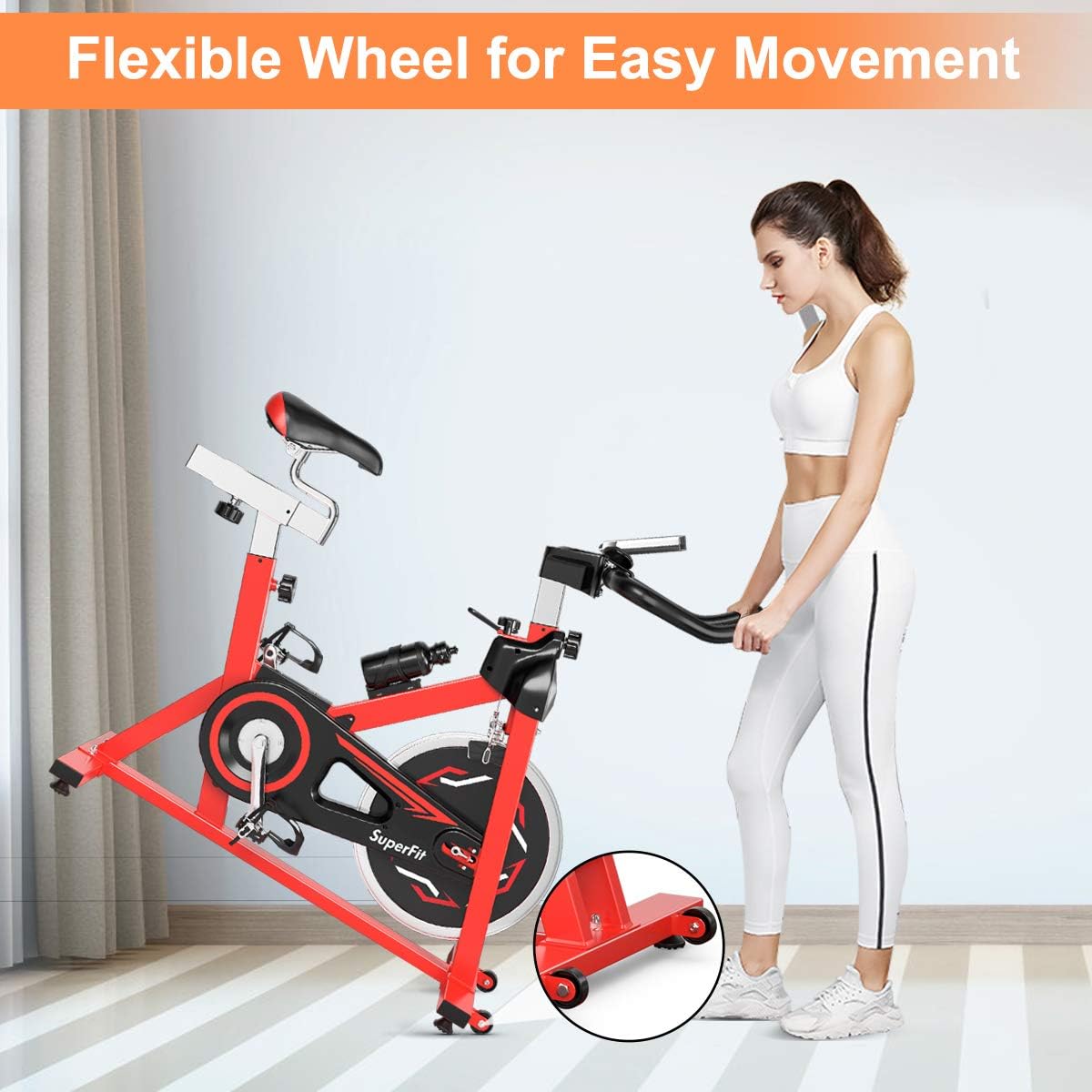 GYMAX Indoor Exercise Bike, 30 LBS Flywheel Adjustable Stationary Cycling Bike with LCD Monitor & Water Kettle, Belt Drive Cardio Training Bike for Home Gym