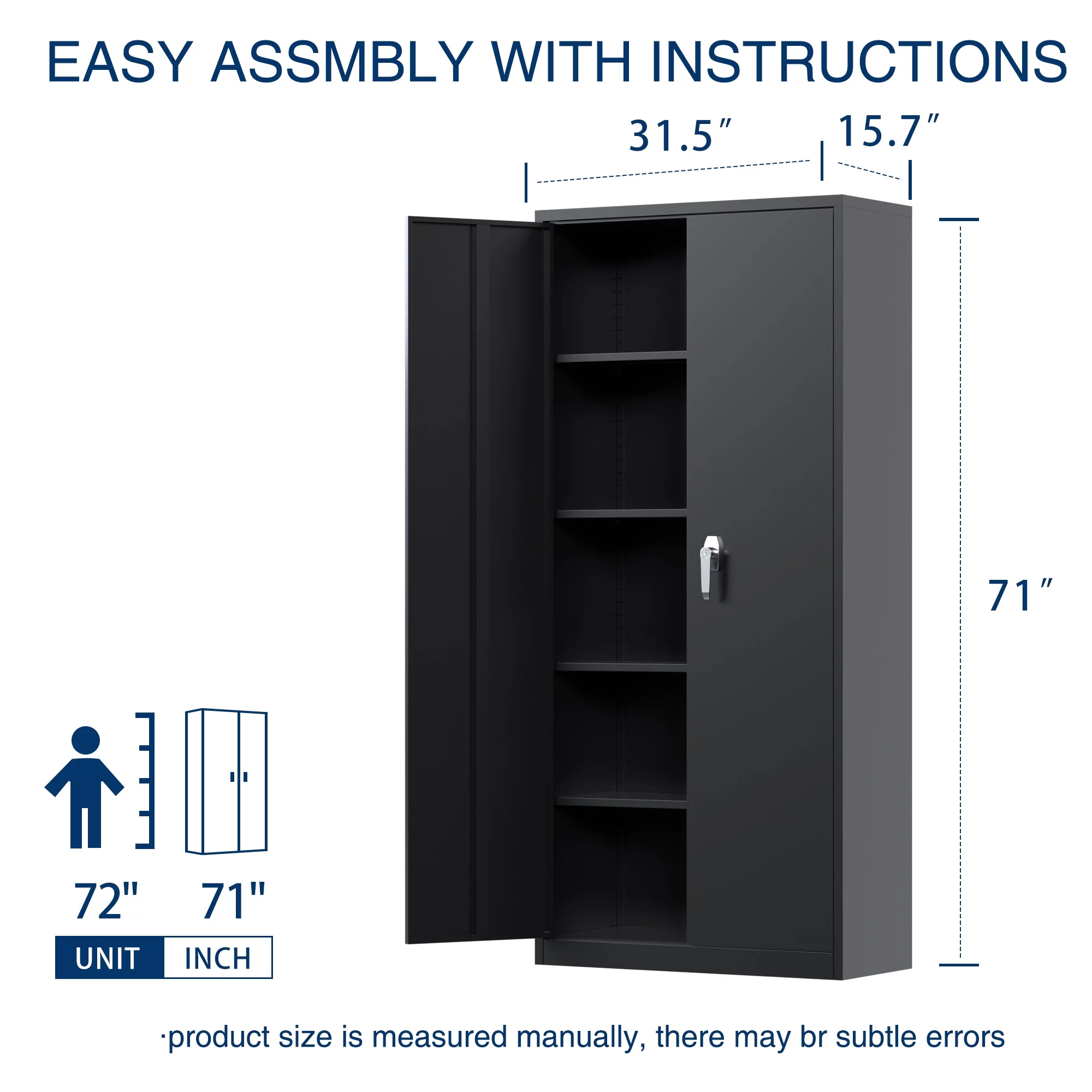 GangMei Industrial Metal Garage Storage Cabinet, Large Space Steel Utility Cabinets with 4 Adjustable Shelves & Locking Doors, Assembly Required（Black, 71 inches Tall ）