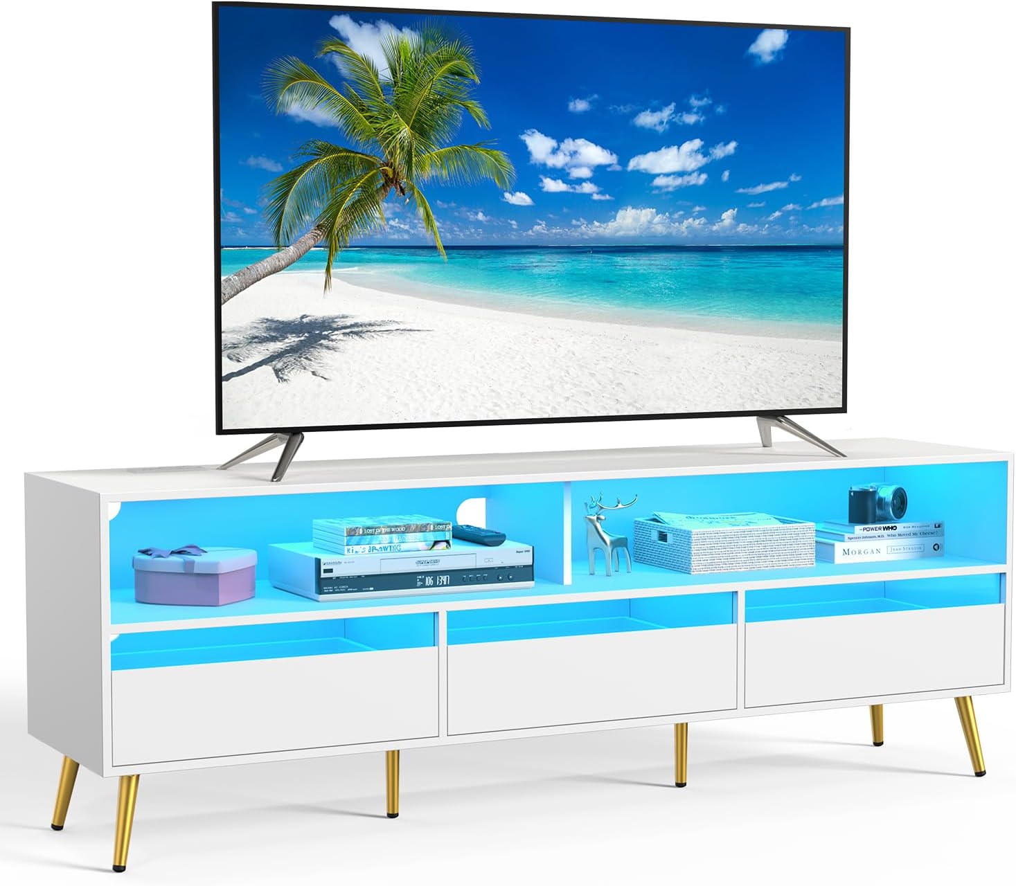 TV Stand 65 inch with LED Light and Power Socket, Modern TV Stand with 3 Drawers, Entertainment Center, Living Room TV Stand for 75 inch TV, White