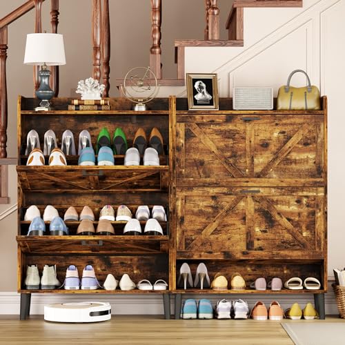 HOMEFORT Shoe Storage Cabinet for Entryway, Slim Shoe Organizer with Two Flip Drawers, Narrow Shoe Rack Cabinet with Wood Legs, Farmhouse Hidden Shoe Cabinet for Front Door Entrance,Rustic Brown