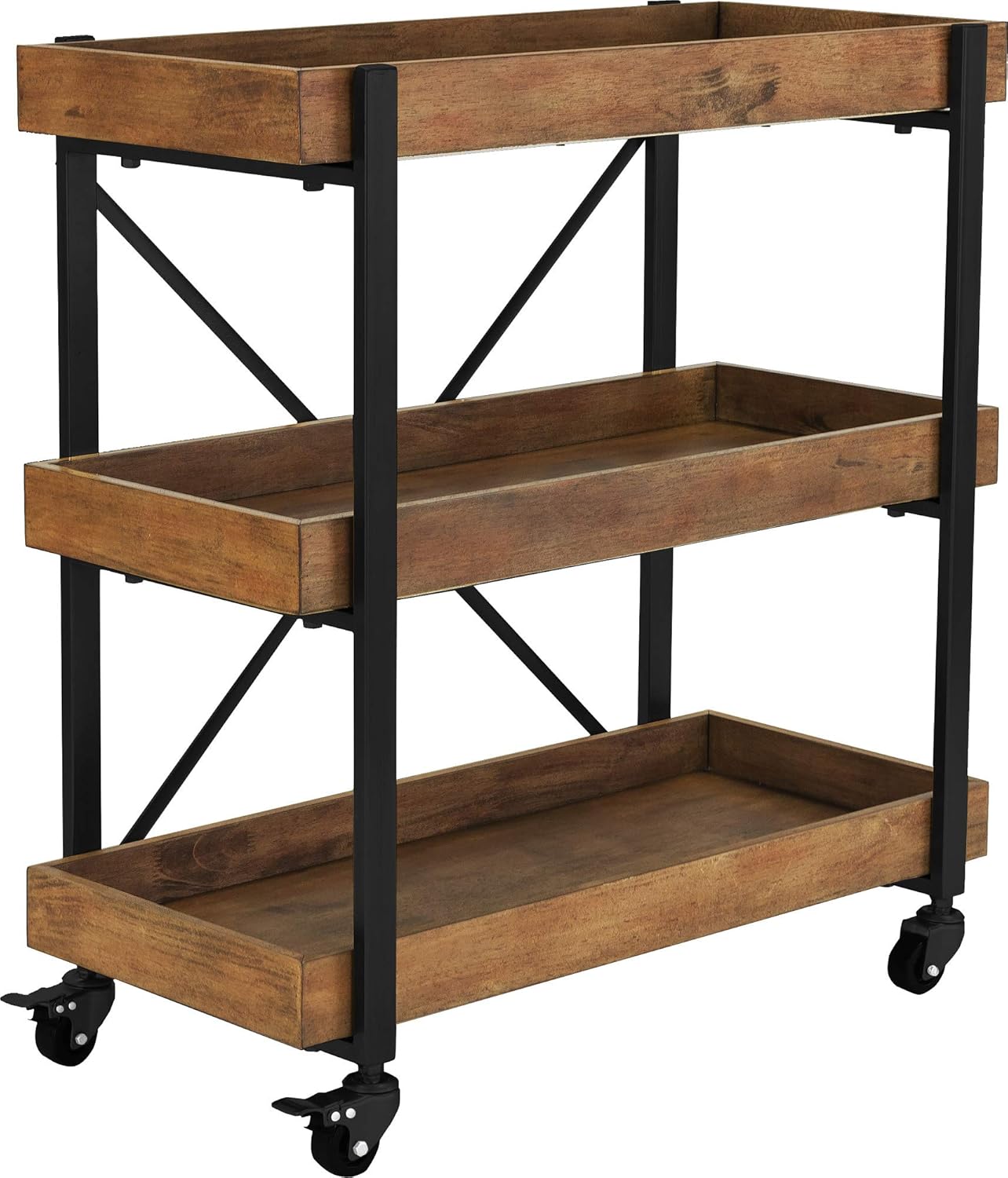 Riley Modern Rustic Rolling Bar Cart with Wheels, 32 Inch Height, Kitchen Organizer Utility, Wood, Matte Black Metal Finish