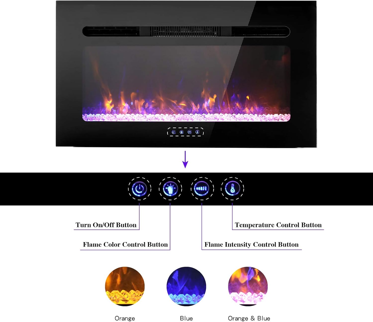 Sophia & William 30" Electric Fireplace Recessed and Wall Mounted, Noiseless Electric Heater with Remote Control & Touch Screen for 2 x 6 Stud, Flame Color & Speed Adjustable