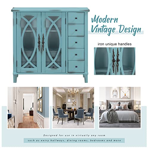 Vintage Style Sideboard Accent Storage Sideboard Wooden Sideboard with Adjustable Shelf,5 Small Drawers and 2 Large Drawers,for Entryway,Living Room,Bedroom (Antique Light Green#N)
