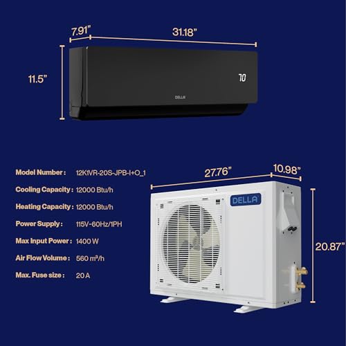 DELLA 12000 BTU Mini Split AC Wifi Enabled Work with Alexa 17 SEER2 Energy Saving Cools Up to 550 Sq.Ft & 1 Ton Pre-Charged Heat Pump Ductless Inverter System (JPB Series with R32 refrigerant)