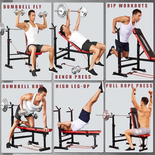 OPPSDECOR Adjustable Weight Bench Set with Squat Barbell Rack, Removable Foot Bracket, 600lbs 6 in 1 Weight Bench, Foldable Workout Bench for Full Body Exercise Home Gym MTY-1318 Bench Press