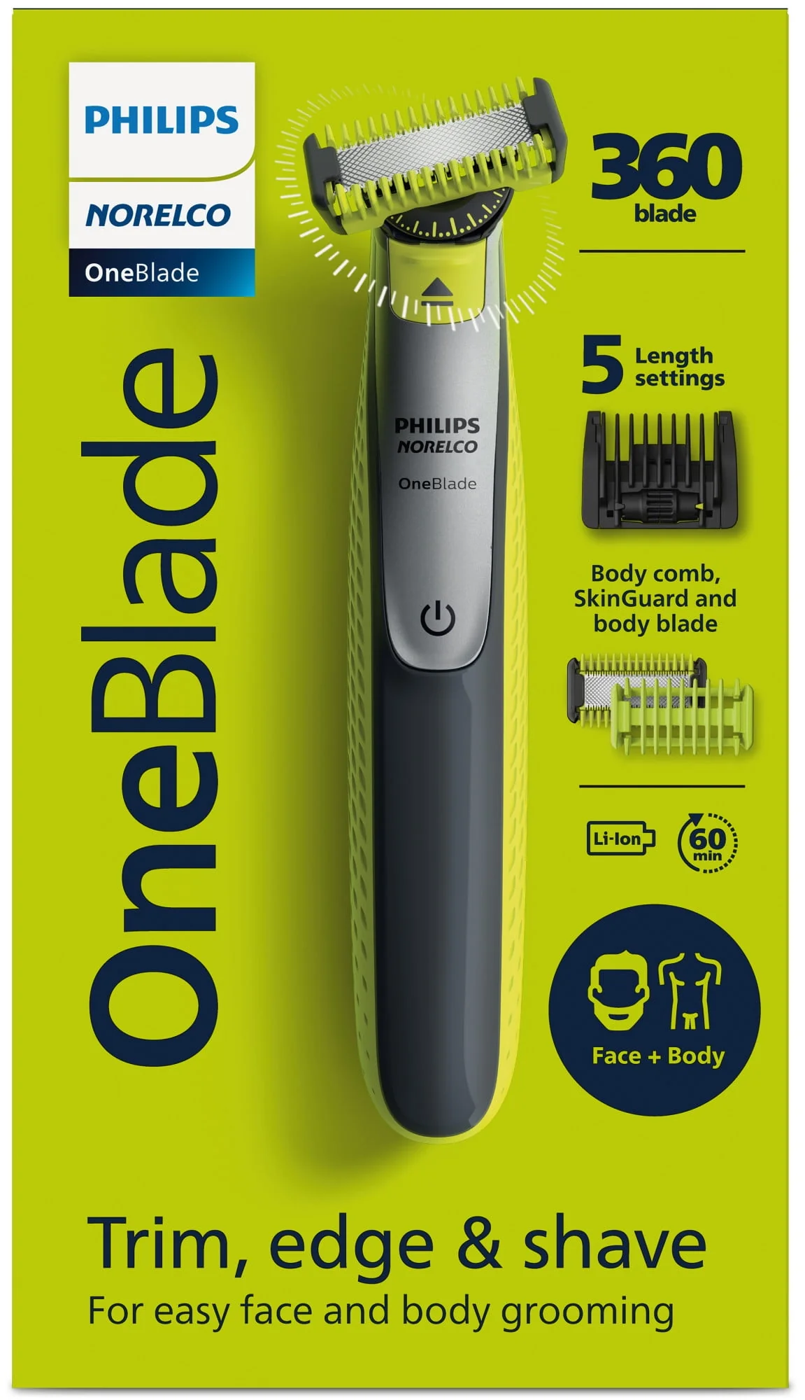 Philips Norelco Oneblade 360 Face + Body, Hybrid Electric Razor and Beard Trimmer For Men with 5-In-1 Face Stubble Comb and Body Hair Trimmer Kit, QP2834/70