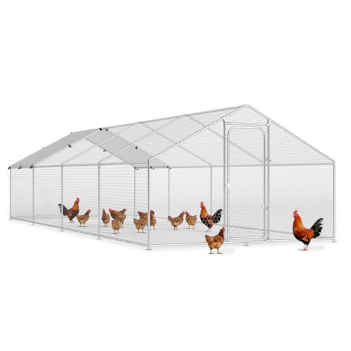 Large Metal Chicken Coop, Chicken Run Poultry Cage Hen with Water-Resident and Anti-UV Cover for Duck Rabbit House Outdoor Walk-in Chicken Pen for Yard, Dome Roof(10’ W x 19.7’ L x 6.4’ H)