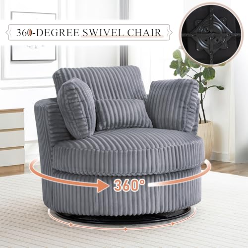 Chair and A Half with Ottoman, 360° Swivel Accent Barrel Chair Modern Comfy Round Reading Sofa Swivel Chairs Circle Lounge Chair for Bedroom Living Room w/4 Pillow Lower Seating Heigh (White, Large)
