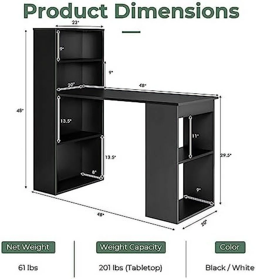 RUNFAYBIU 48 Inch Computer Desk with Bookshelf  3-in-1 Home Office Desk with 4-Tier Bookcase &amp; CPU Stand  Space-Saving Reversible Writing Desk Work Table for Bedroom  Study Room  Offi