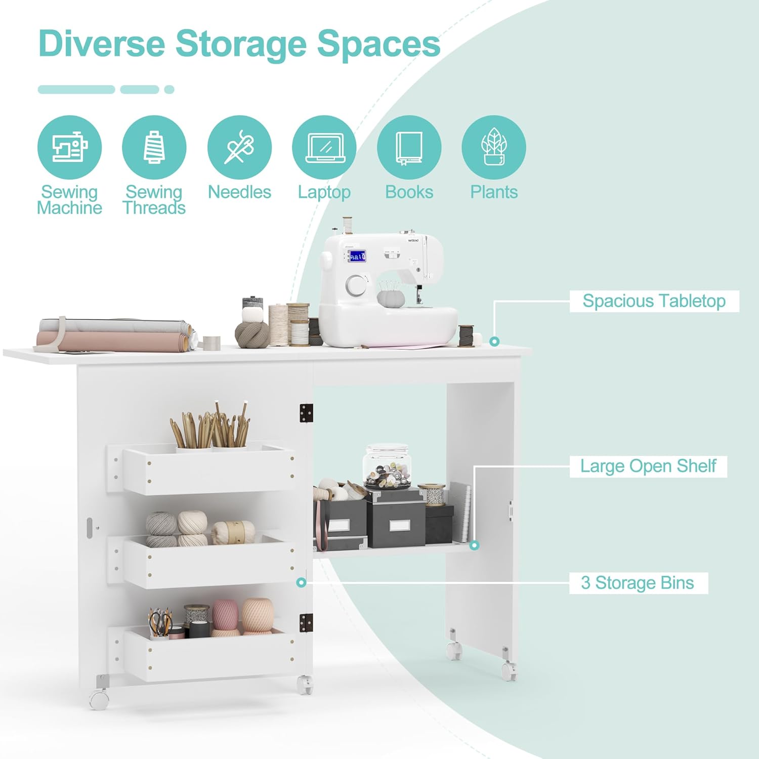 Folding Sewing Table Multipurpose Craft Station Desk Rolling Sewing Cabinet with 3 Storage Shelves Sewing Machine Cart with Lockable Casters (White)