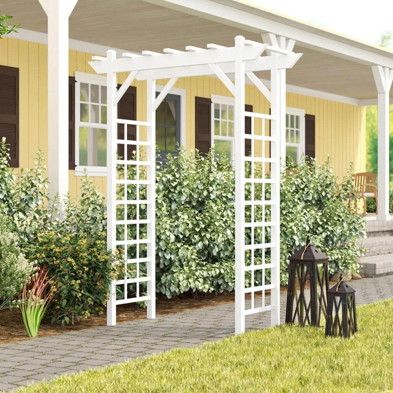 Dura-Trel Providence Arbor, 64 by 85 Inch PVC Patio Garden Arch, Outdoor Lattice Frame Decoration or Trellis for Climbing Plants, White