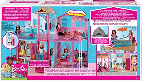 Barbie Doll House Playset, 3-Story Townhouse with 4 Rooms & Rooftop Lounge, Furniture & Accessories Including Swinging Chair (Amazon Exclusive)