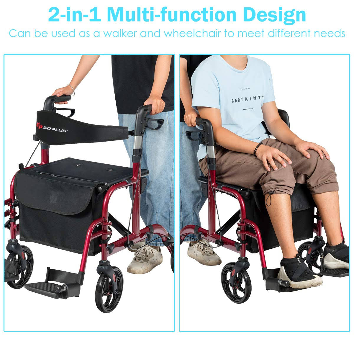 Aluminum Adjustable Folding Handle Medical Walker Rollator Red