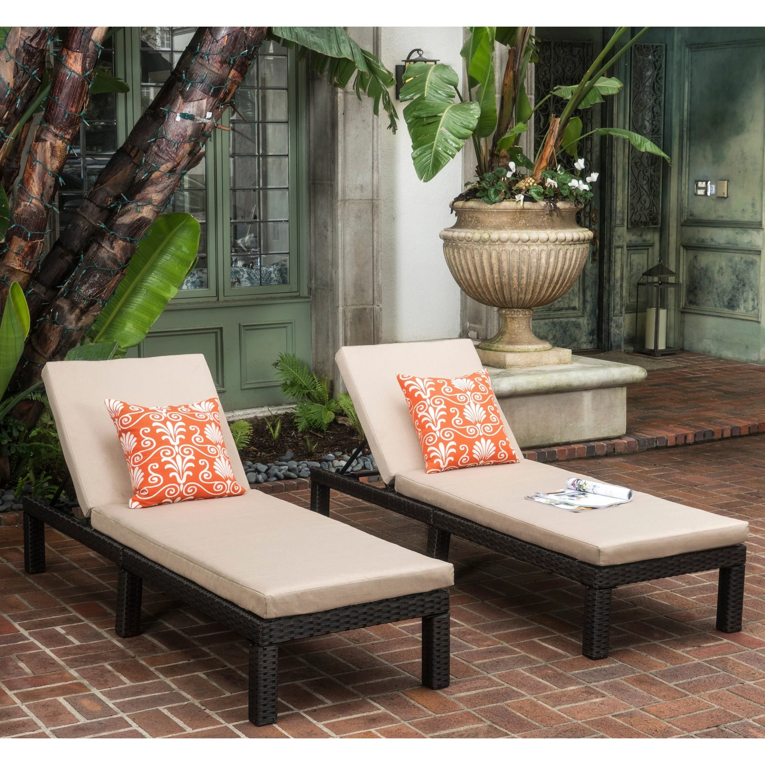 Christopher Knight Home Puerta Outdoor Adjustable PE Wicker Chaise Lounge with Cushion by  (Set of 2) Dark brown wicker and beige cushions