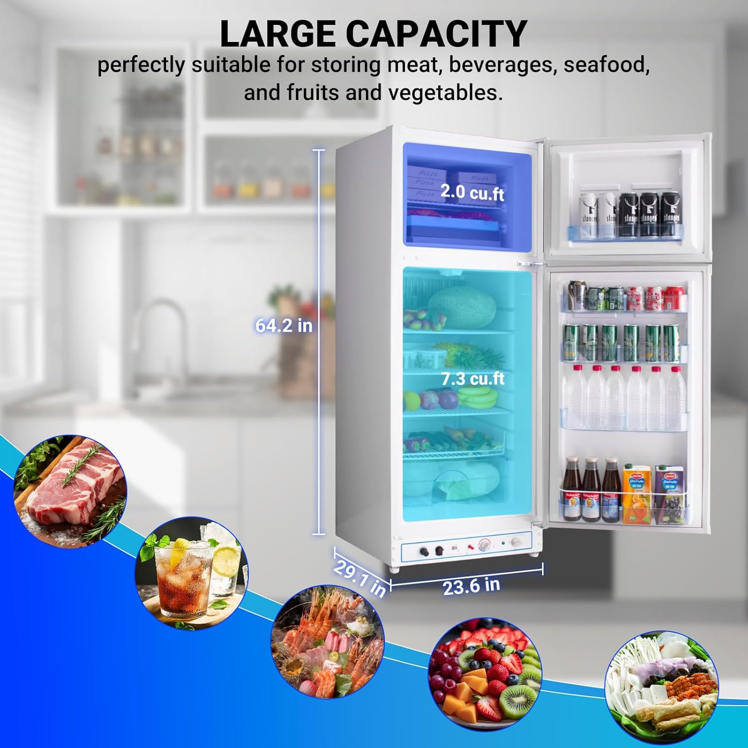 Smad 9.3 cu.ft Propane Refrigerator, Off Grid Propane Refrigerator with Freezer, 110V/Propane Fridge Freezer, Gas Fridge for Garage,RV,Food Truck,Chalets Use