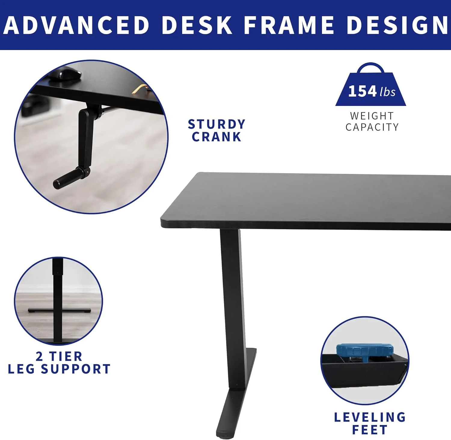 Manual Height Adjustable 60 X 24 Inch Stand Up Desk, Dark Walnut Solid One-Piece Table Top, Black Frame, Standing Workstation With Foldable Handle, DESK-KIT-MB6D