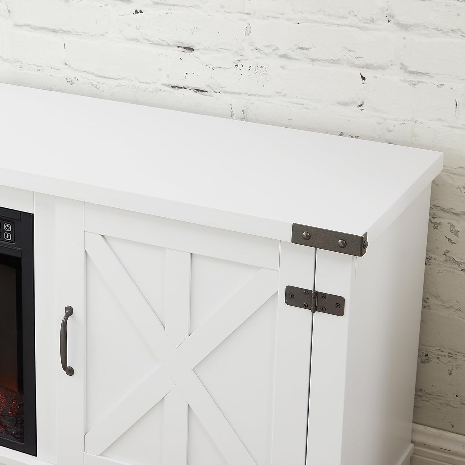 Modern Farmhouse TV Media Stand, Large Barn Inspired Home Entertainment Console, with 23" Fireplace Insert, for TV Up to 70", with Open Shelves and Closed Cabinets, White, 64.8" W*15.67" D*24.29" H