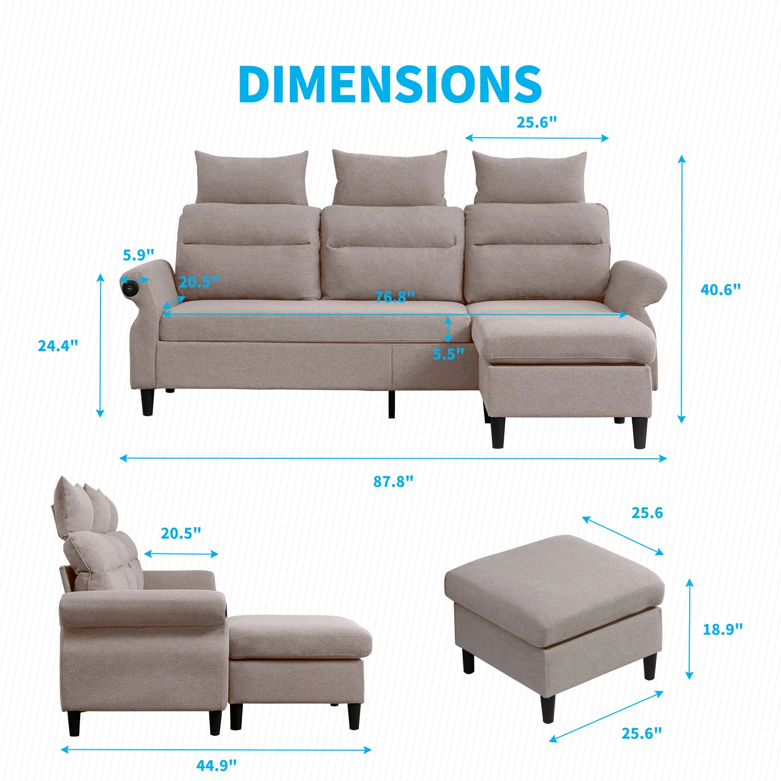Mjkone L-Shaped Couch with Storage Ottoman and 2 USB Ports, Convertible Sectional Sofa Couch with Adjustable Armrest, Living Room Furniture Suitable for Apartment/Living Room,Beige