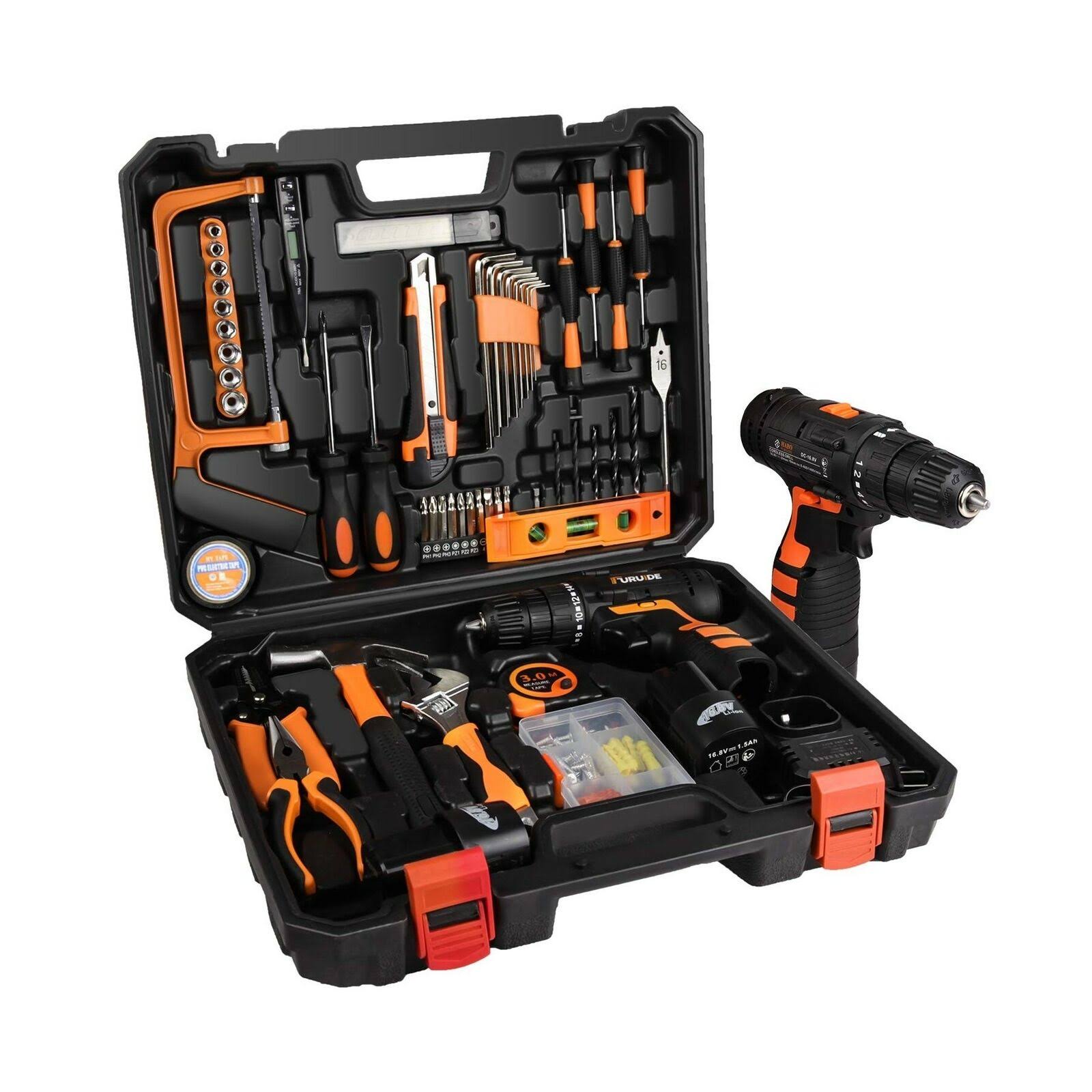 jar-owl Tool Kits 16.8V Cordless Drill Lithium Lon with 91 Piece Tool Set Combination Package and Plastic Toolbox Storage Case