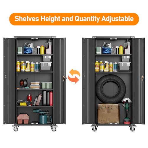 Metal Storage Cabinet with Wheels, 71" Tall Garage Storage Cabinet with 5 Tier Shelves and Locking Doors, Rolling Tool Cabinet for Garage Home Office Utility Room