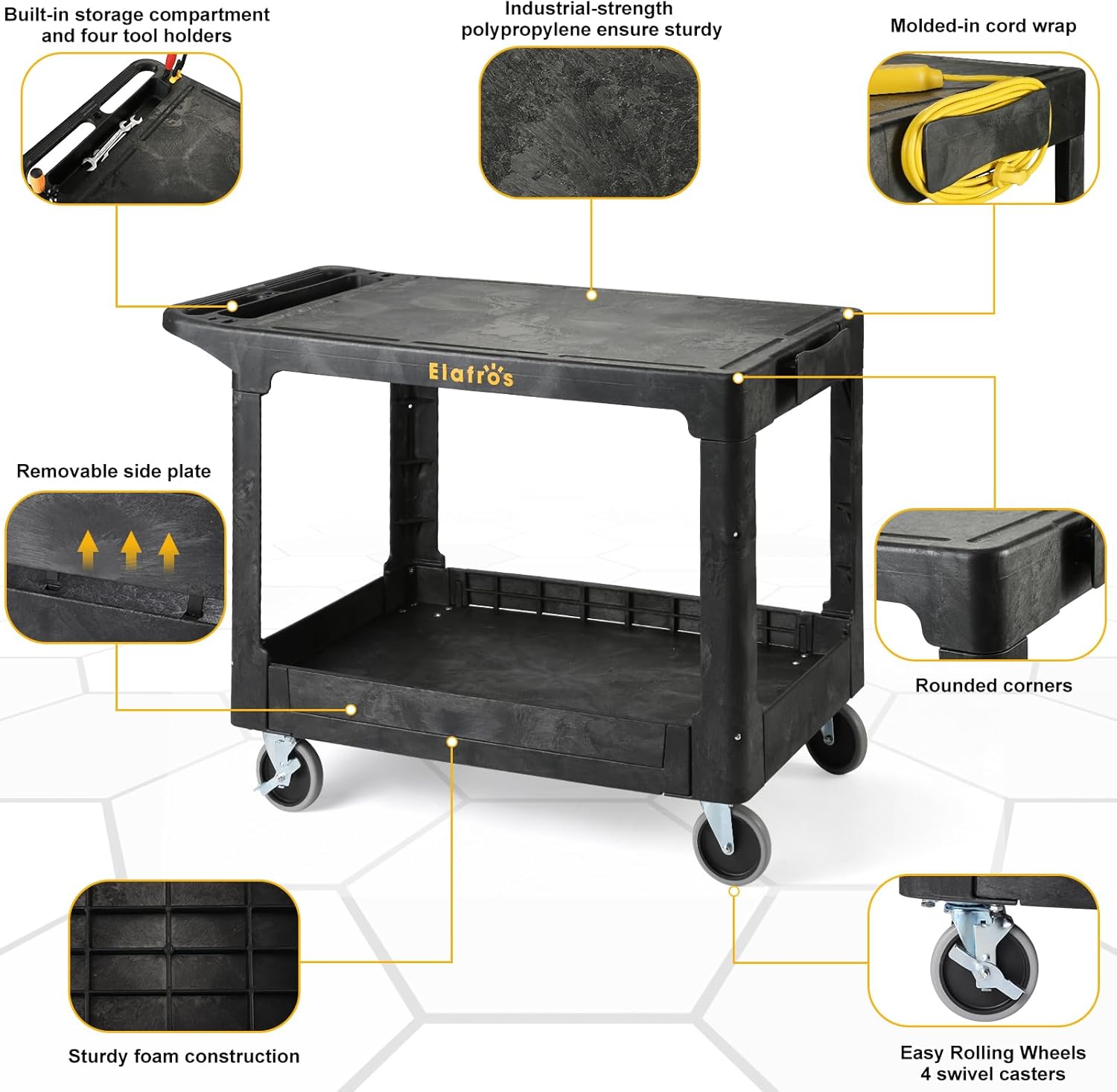 large Heavy Duty Plastic Utility Cart Flat top 42.5 x 25 Inch - Work Cart Flat Shelves and Full Swivel Wheels Holds up to 550 lbs - 2 Tier Service Cart for Warehouse,Garage, Cleaning Black