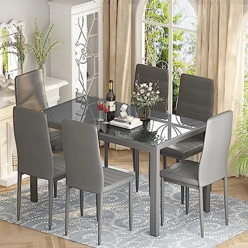 TJUNBOLIFE Dining Table Sets for 4  5 Piece Faux Marble Kitchen Table and Chairs Set for 4 Person  47" Modern Dining Table and PU Leather Chairs Modern Dining Room Sets for Small Dine