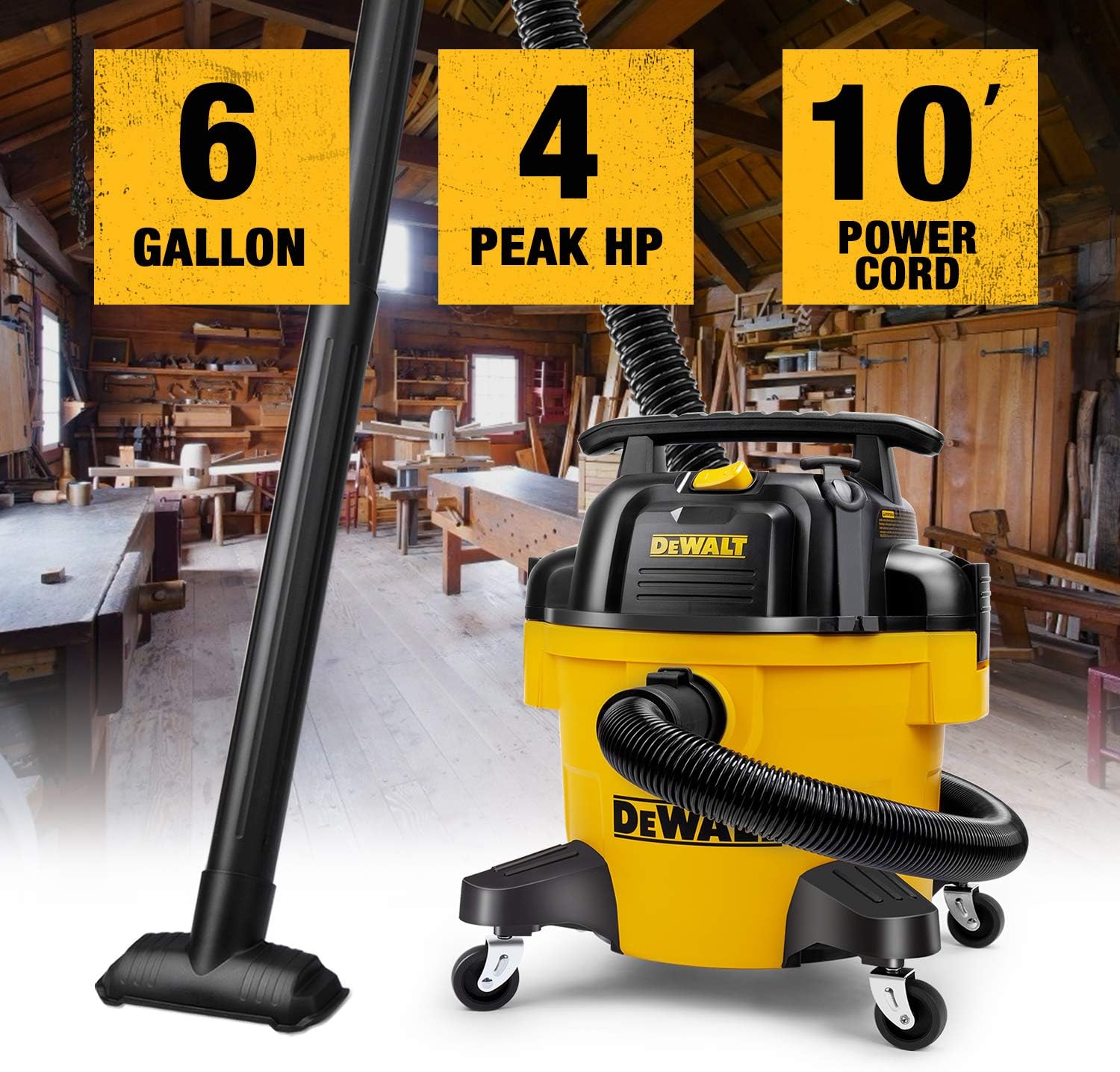 DEWALT DXV06PZ 4 Peak HP Shop Vacuums, 6 Gallon Poly Wet/Dry Vac, Heavy-Duty Shop Vacuum with Blower Function Yellow+Black