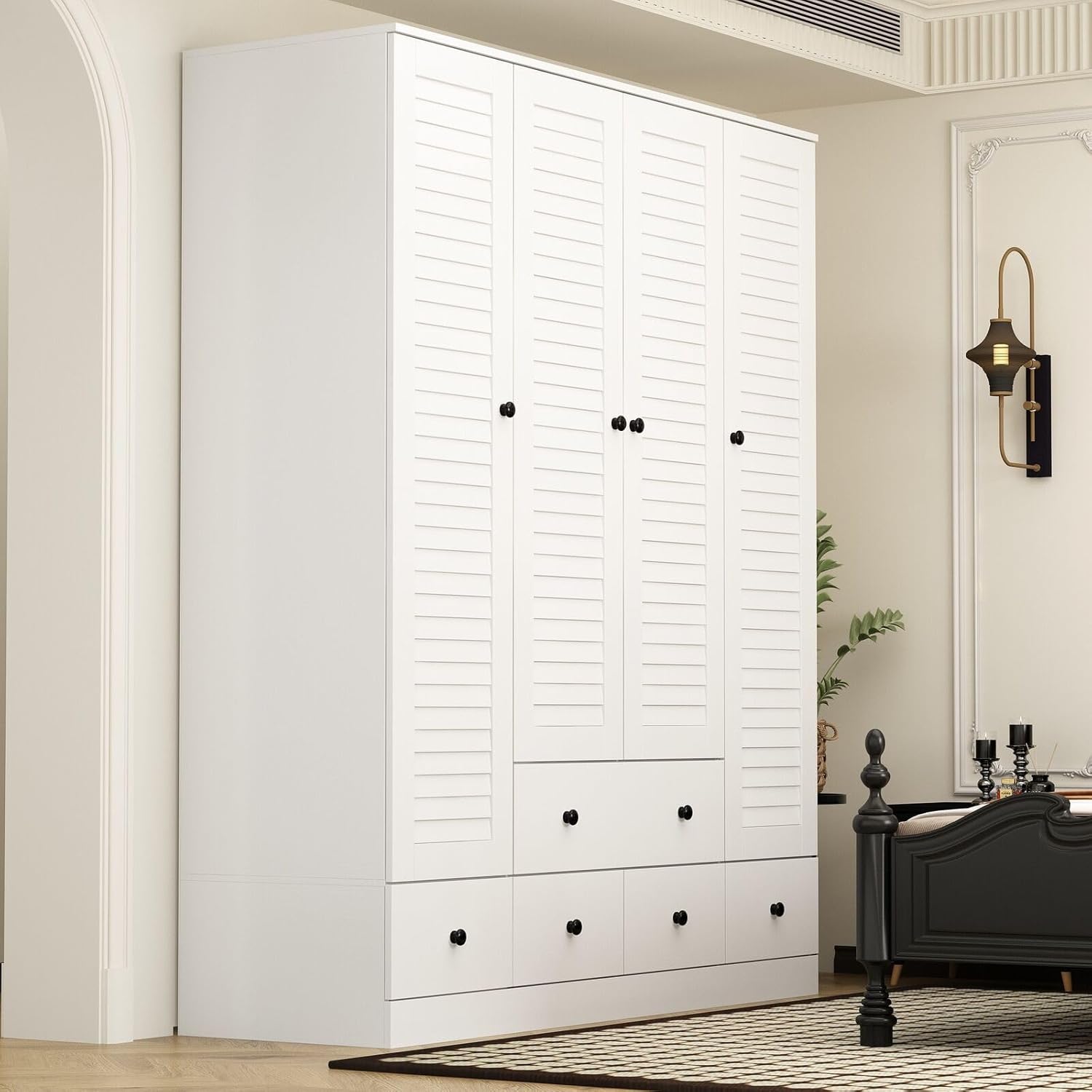 Rustic White Large Capacity Slat Door Wardrobe Closet with 5 Drawers and 4 Doors Roomy Storage, E355142988740