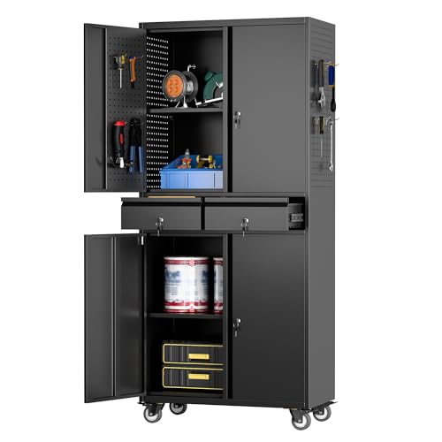 73" H Metal Storage Cabinet with Wheels, Garage Storage Cabinet with 4 Adjustable Shelves and Lockable Doors for Garage Home Office Utility Room,Required Assembly,Black