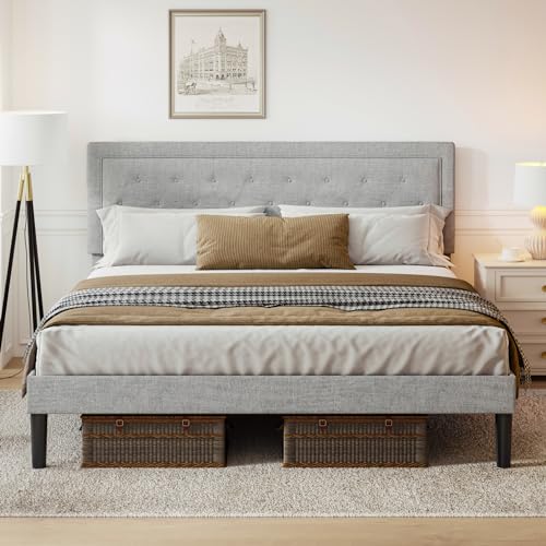 Queen Size Platform Bed Frame with Upholstered Headboard,Button Tufted Design Queen Bed Frame Light Grey,No Box Spring Needed,Noise Free,Easy Assembly