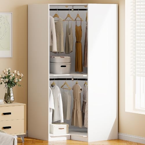 Merax Corner Wardrobe Closet Organizer with 2 Hanging Rails & Shelves, Open Style Clothes Storage Cabinet for Bedroom, Space-Saving Household Polygon Wooden Armoire, Easy Assembly, Natural