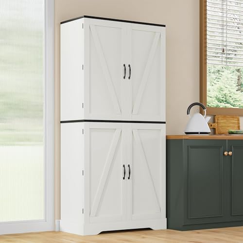 72" Kitchen Pantry Storage Cabinet, Farmhouse Pantry Cabinet with 8 Hanging Rack Shelves & 3 Pull-Out Racks, Pantry Storage Cabinet, Freestanding Cupboard for Kitchen, Dining Room, White