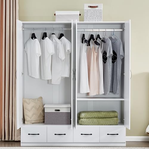 4-Door Wooden Gray Armoire Wardrobe Closet with 3 Drawers for Bedroom Storage Wardrobe Closet Wood with Hanging Rod with Large Storage Wardrobe with Drawers 63" L x 20.3" W x 72" H