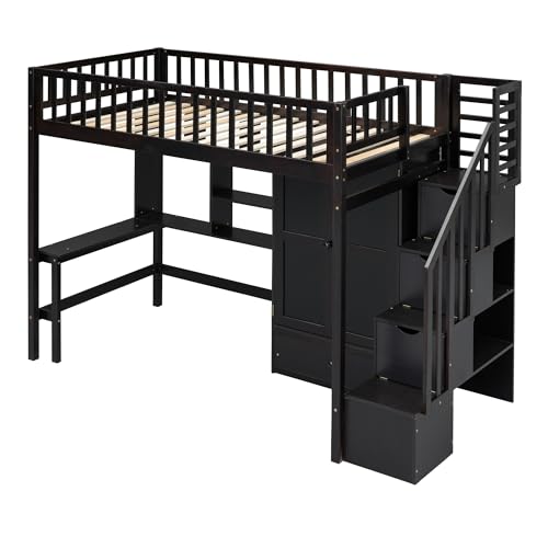 Full Size Loft Bed with Wardrobe Desk Storage Stairs, Wood Loft Bed Frame with Bookcase and Drawers, High Loft Bedframe for Kids Teens Adults, No Box Spring Needed, Espresso