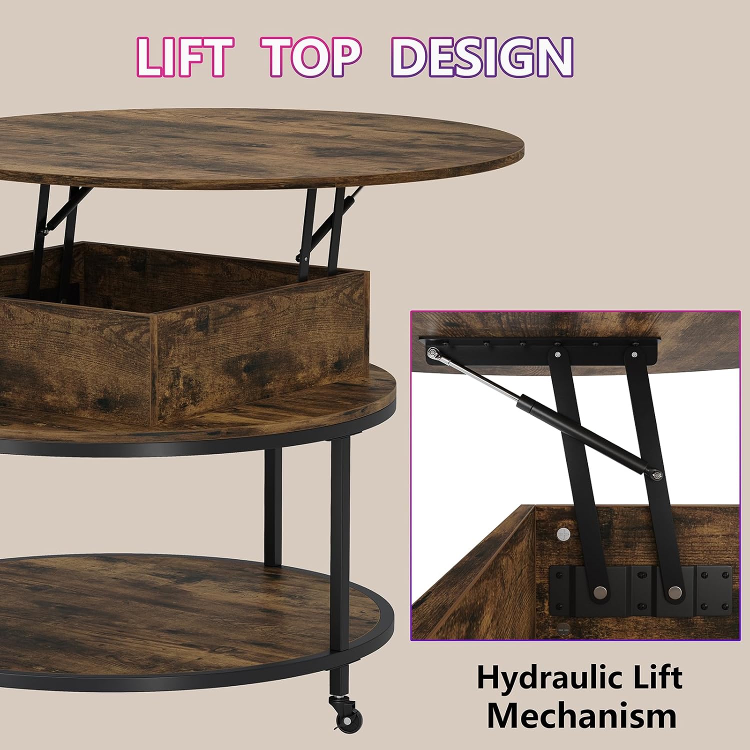 35.43''W Lift Top Round Coffee Table, Coffee Table with 2-Tier Storage, Modern Led Circle Coffee Table with Hidden Storage Compartment & Wheels Dining Table for Home, Rustic Brown