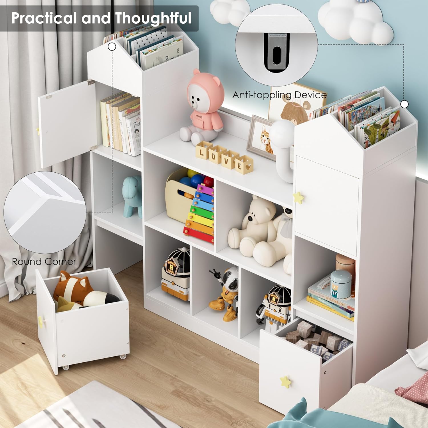 54.5' Toy Storage Organizer, Toy Organizers and Storage Toy Chest with 9 Storage Cubbies and 2 Moveable Drawers, Kids Bookshelf Kids Bookcase with Hidden Wheels for Playroom Bedroom
