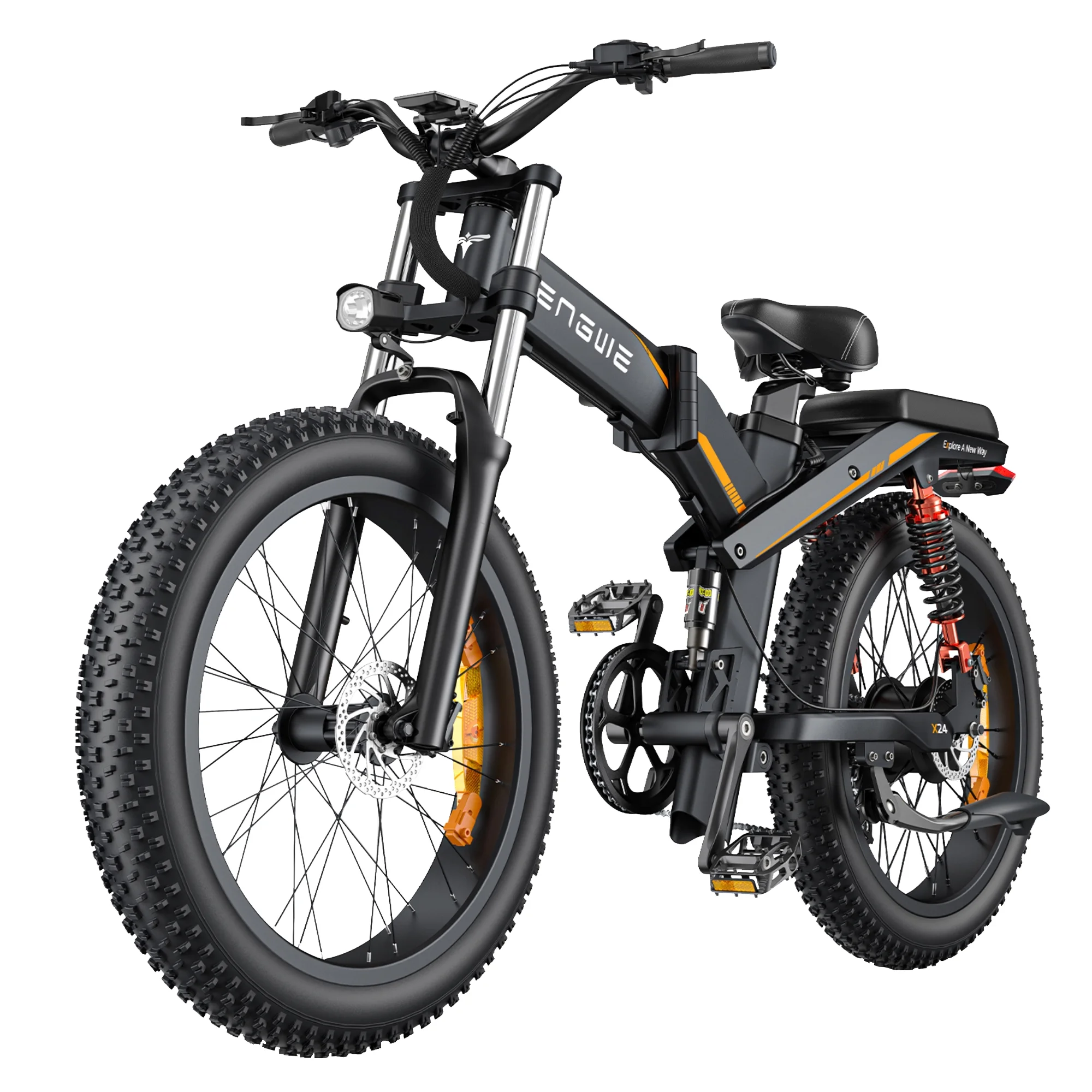ENGWE X24 Folding Electric-Bike Adults-，1200W Peak ,29.2A Dual Batteries ENGWE-Ebike 24'' Fat Tire  Electric Mountain Bike, 8-Speed Triple Suspensions All-Terrain (Black) - Curated Treasures Market