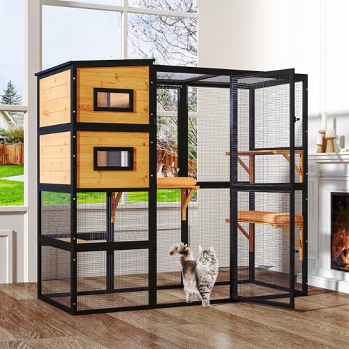 Catio Outdoor Cat Enclosure, Large Cat House for Mulitiple Cats Walk in Cat Cage with Waterproof Cover and Sunshine Panel Roof, Feral Cat Shelter with 7 Platforms and 2 Resting Box, 72 inch