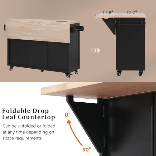 56.5" Rolling Kitchen Island with Storage on Wheels, Kitchen Cart with Drop Leaf & Power Outlet, Portable Island Table with 4 Doors, 5 Drawers, Spice Rack and Towel Bar for Dinning Room, Black
