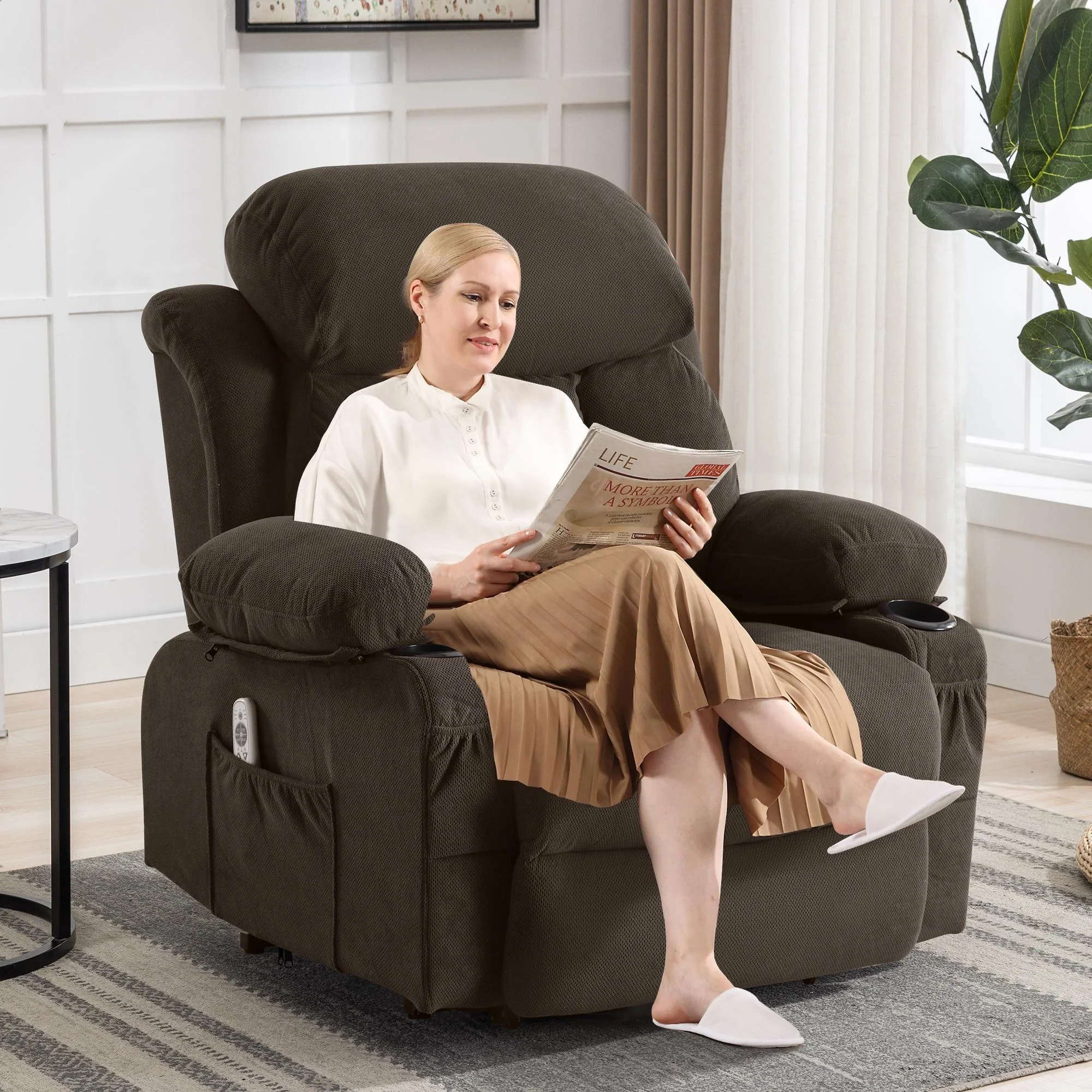 Power Lift Recliner Chair, BTMWAY PU Leather Electric Recliner Chair for Elderly with Massage | Heating | Remote Control | USB Port, Power Lift Recliner for Home Use, 22in Seating Wide, Brown