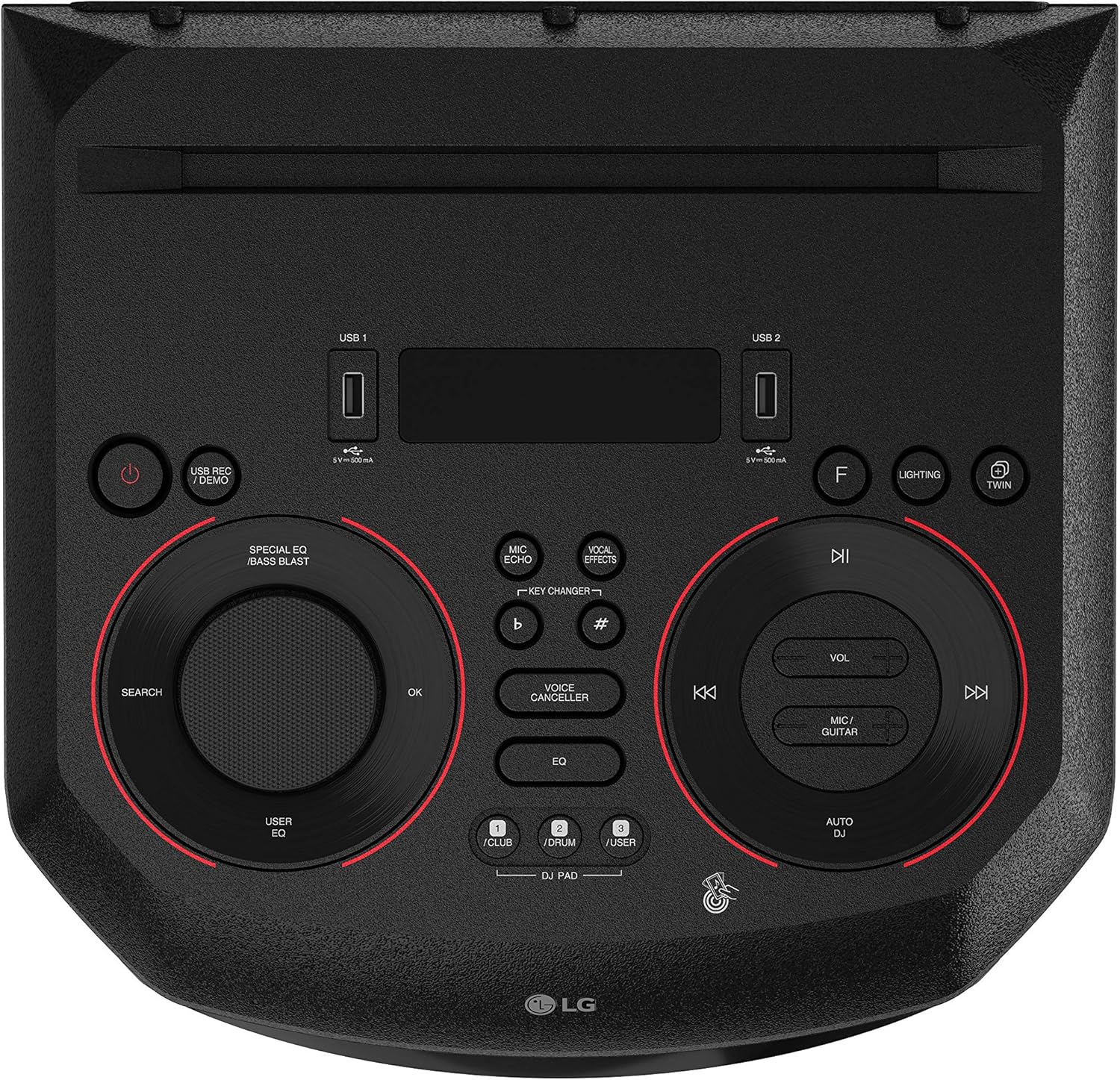 LG XBOOM RN7 Bluetooth Audio System, LED Party Lighting, Karaoke with Voice Filters, XBOOM App Controlled, Bluetooth, Dual USB, Optical and Mic Inputs
