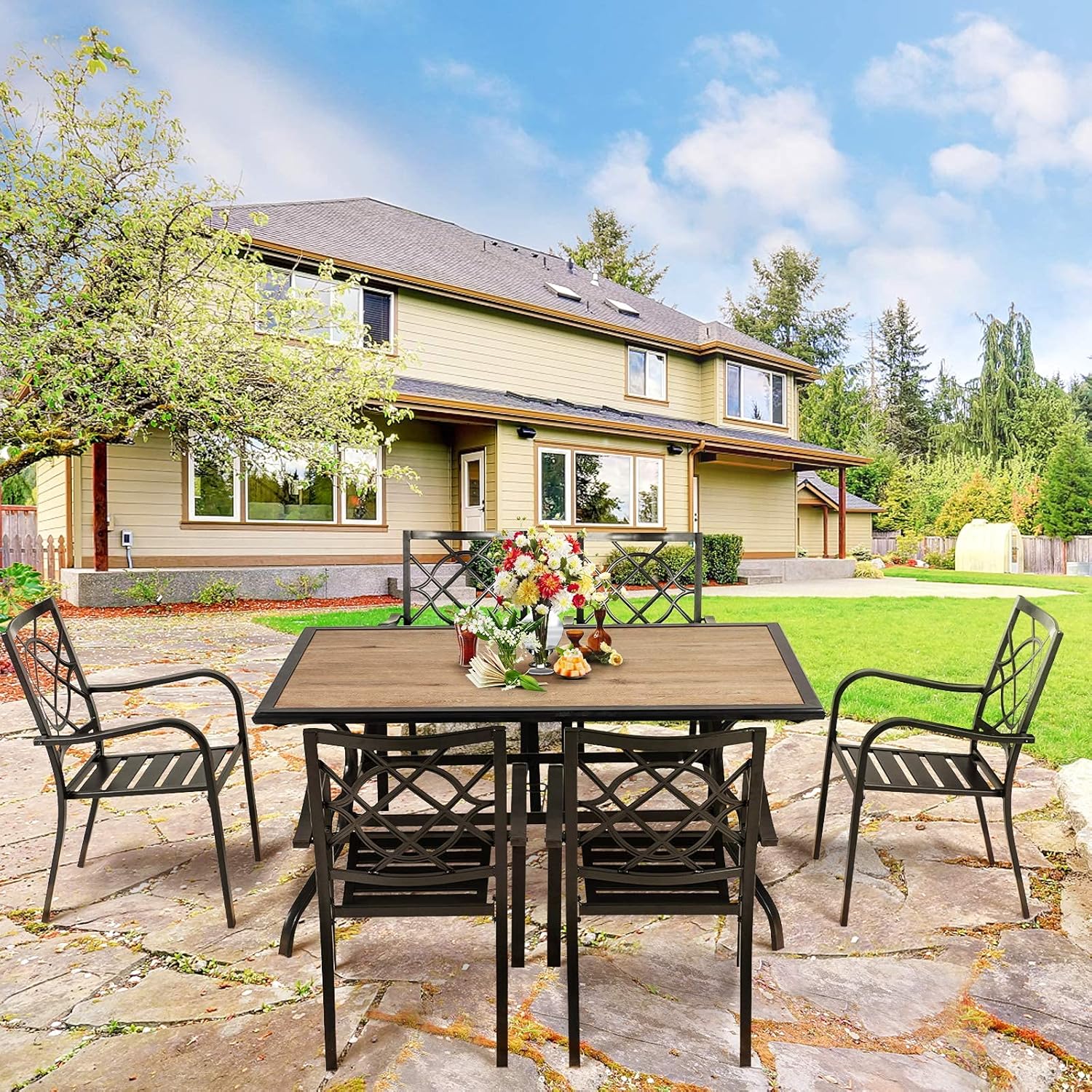 SUNCROWN 5-Piece Outdoor Wrought Iron Chairs and Table Patio Dining Furniture Set - 4 Stackable Metal Chairs and 1 Square Steel Slat Bistro Table with 1.57" Umbrella Hole for Backyard Garden Deck