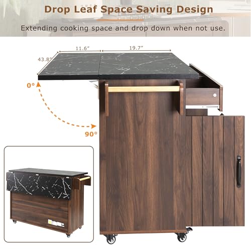 60" Kitchen Island with Drop Leaf and Power Outlet, Rolling Kitchen Cart on Wheels with Trash Can Storage Cabinet, Spice Rack, Towel Rack and Adjustable Shelf for Dining Room