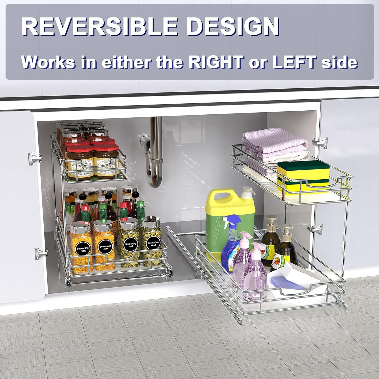 Bextsrack Under Sink Cabinet Organizer Storage with 2 Tier Pull Out Sliding Shelf with Protective Shelf Liners for Kitchen Bathroom Cabinet, 12.2Wx18.1Dx14.5H-Inch - Silver