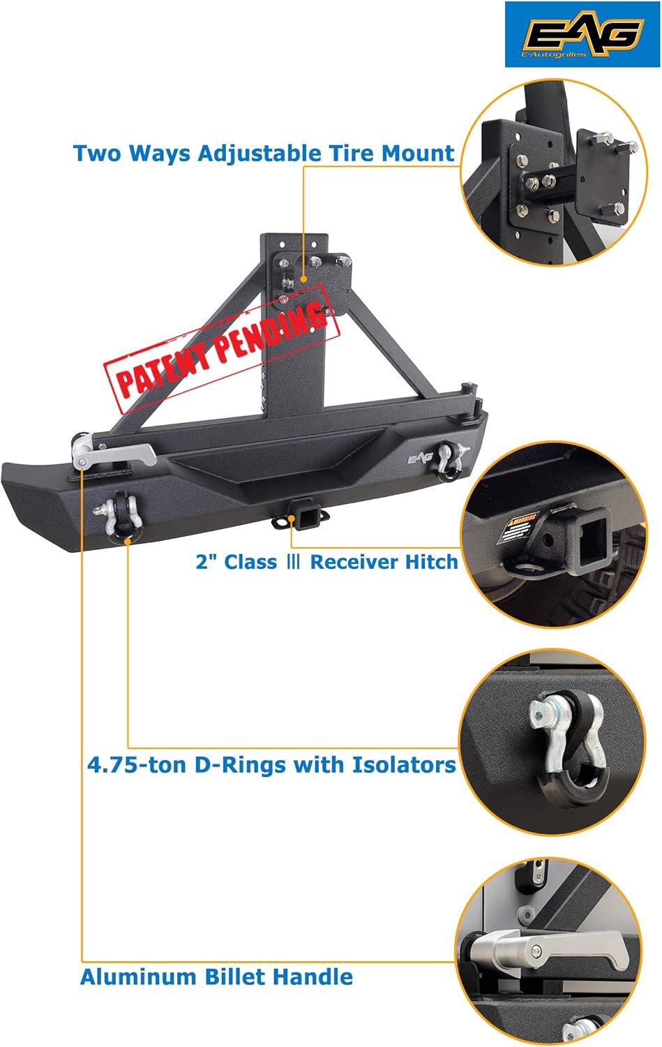 EAG JK Rear Bumper and Tire Carrier W/Third Brake Light Mounting Bracket Compatible with 2007-2018 Wrangler JK