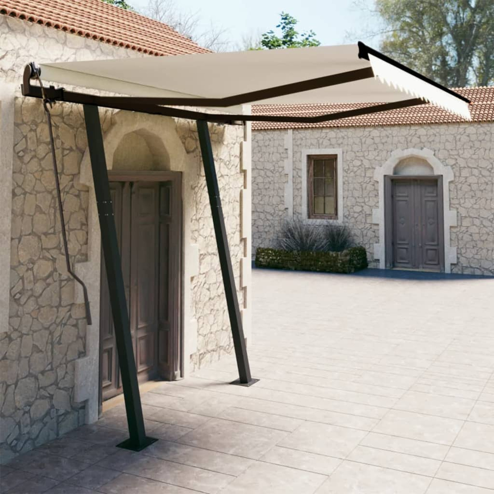 moobody Manual Retractable Awning with Posts Outdoor Canopy Sunshade Shelter Cream for Patio, Balcony, Backyard, Garden, Deck 118.1 x 98.4 Inches (W x H)