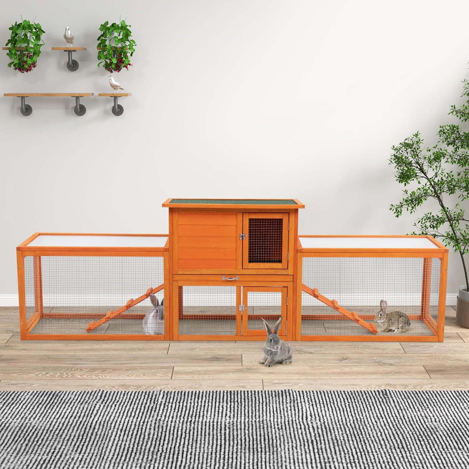 COZIWOW Extra Large Rabbit Hutch Bunny Cage Outdoor Indoor, 2-Story 94.5”L Big Wooden Bunny Hutch Rabbit Cage Small Animal House with No-Leak Tray, Openable Top, Runs, Waterproof Roofs (Orange)