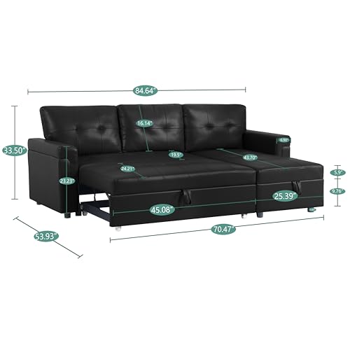 Naomi Home Jenny Sectional Sofa Sleeper with Storage Chaise, Tufted Pull Out Couch with Storage, L-Shaped Reversible Sleeper Sofa with Storage, Black,Air Leather