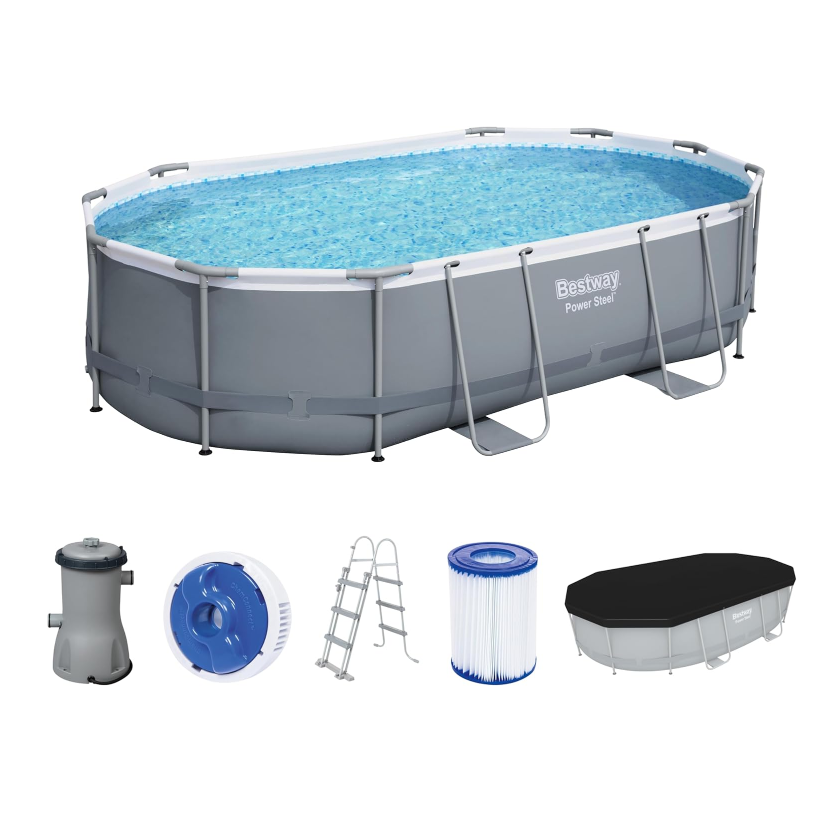 Bestway Power Steel Frame Pool Complete Set with Filter Pump 488 x 305 x 107 cm Oval Grey